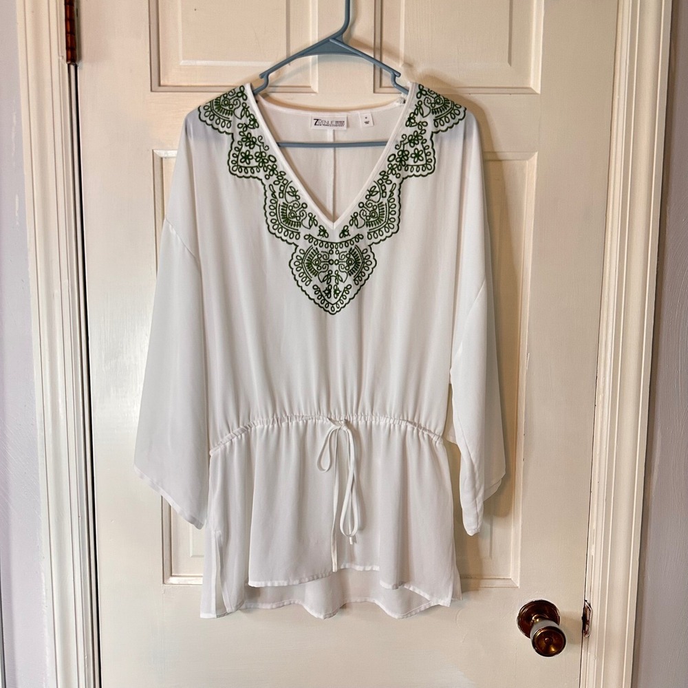7th Avenue NY&Co Embroidered BOHO Tunic Lightweight Top Blouse White Green M